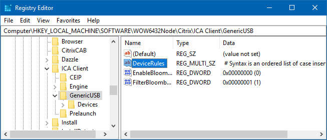 Registry GenericUSB DeviceRules