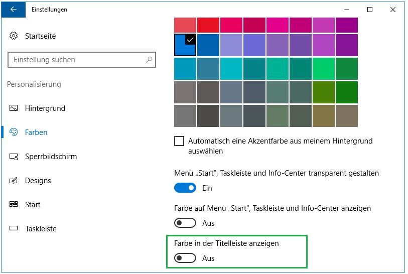 Farben in Taskleiste anzeigen