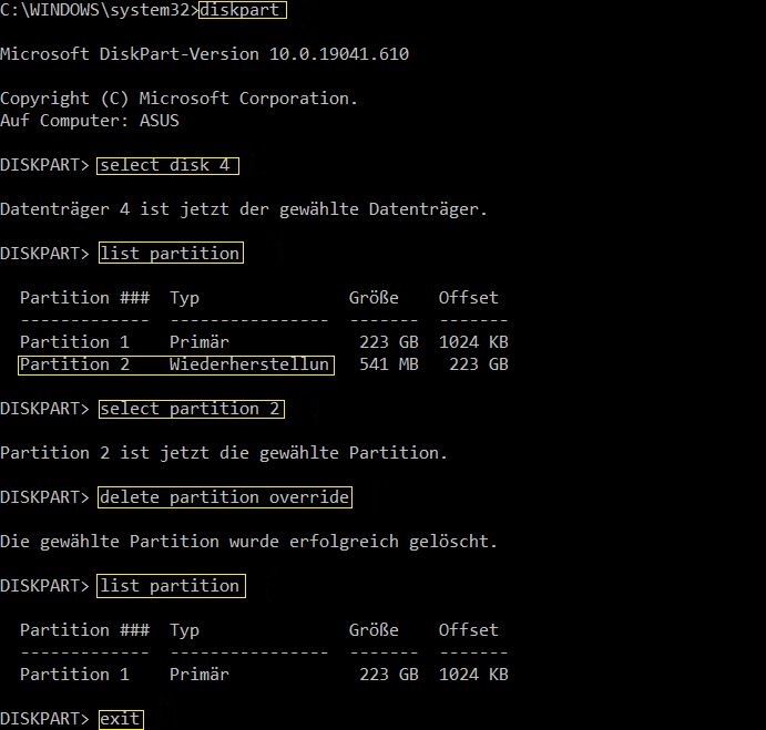 302 Wiederherstellungspartition Loeschen